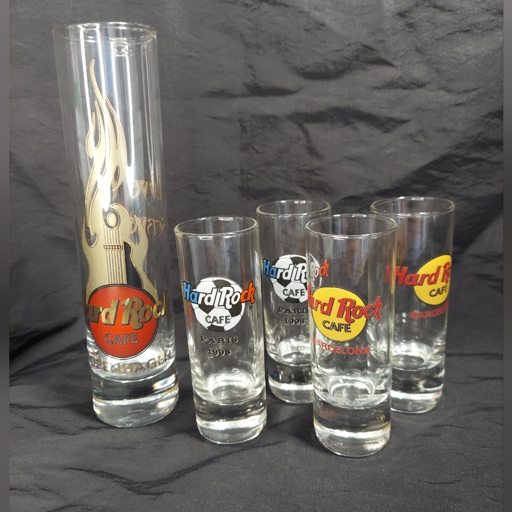 Hard rock Cafe assorted 2 os shot glasses on large Copenhagen, 2 Paris 2 Barcelo
